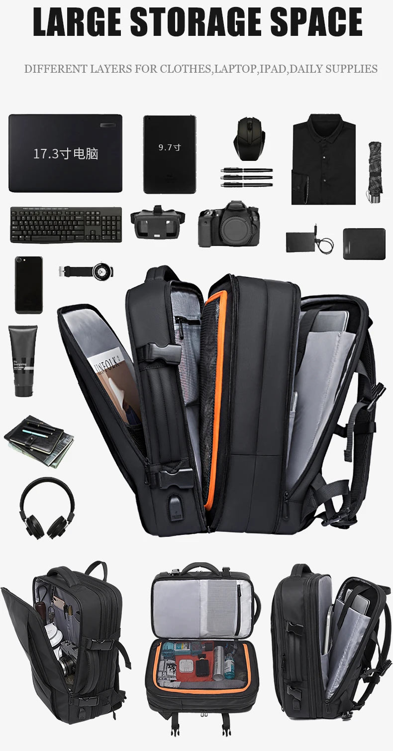 BANGE Expandable Pro Backpack - Stylish, Waterproof, Large 17.3'' Laptop Travel Bag with USB